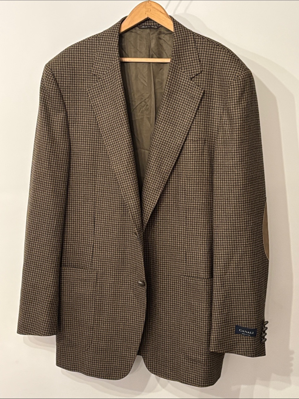 Canali Men’s 54/L Houndstooth Wool Blazer Made in Italy Elbow Patches